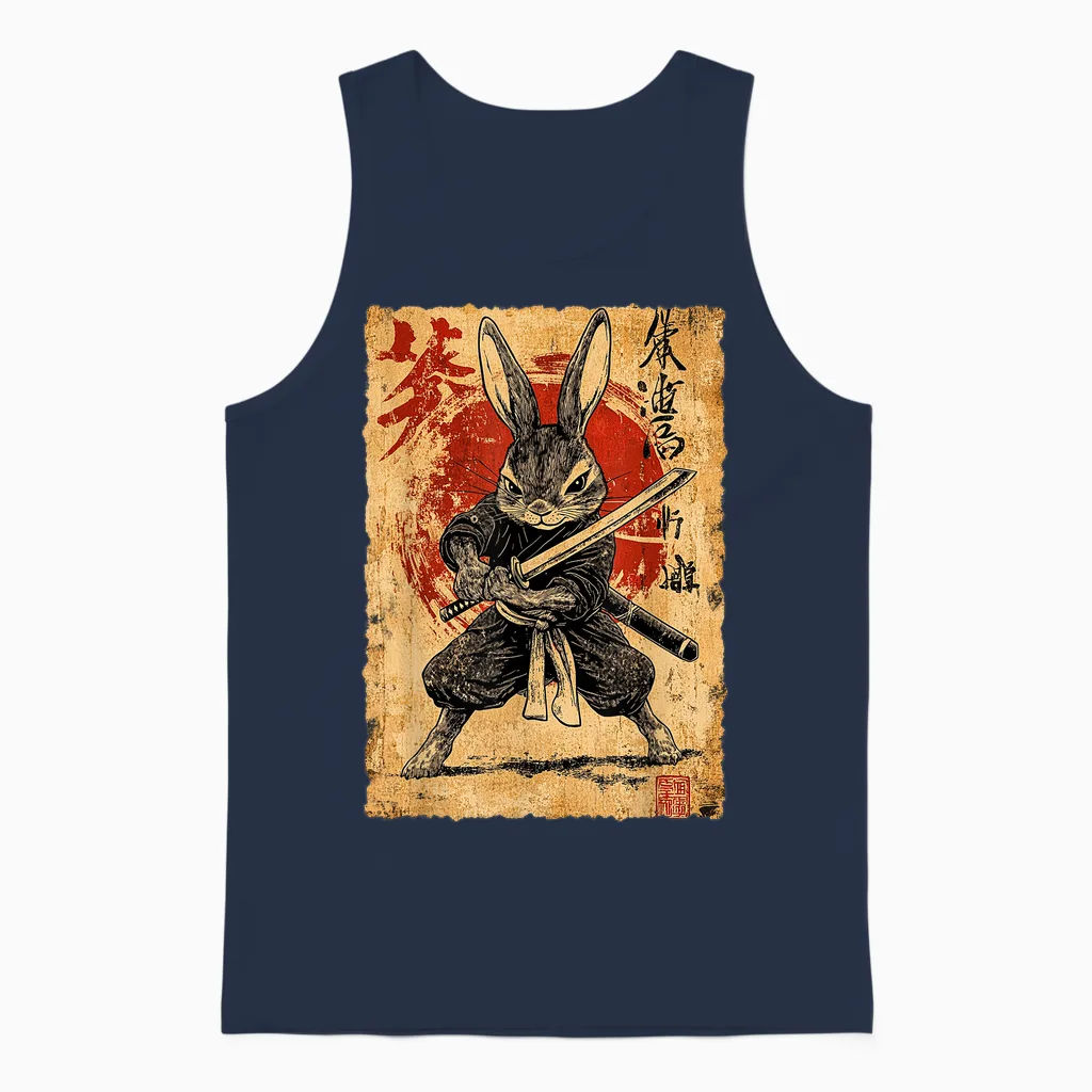 Funny Vintage Art Japanese Rabbit Ninja Samurai Warrior T-Shirt, Black, S Unisex Tank Top in Navy