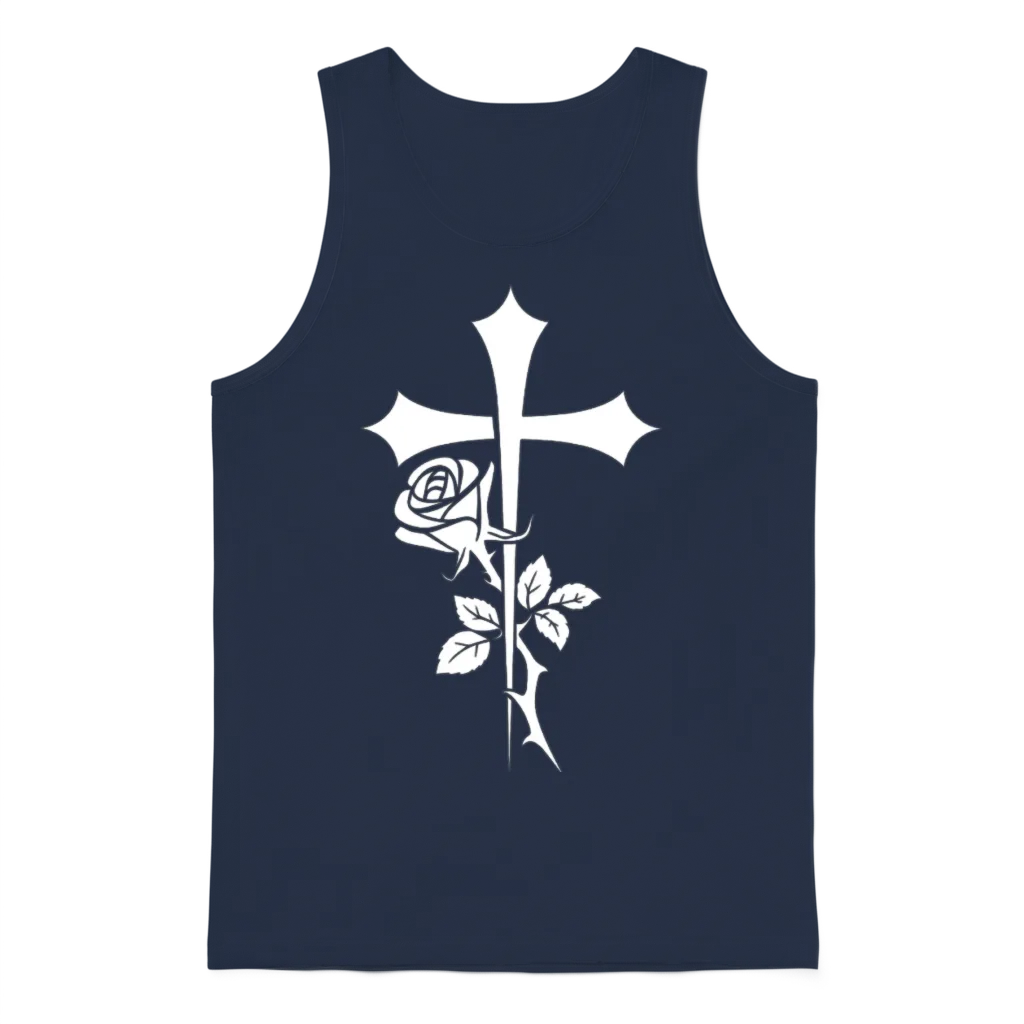 Cross with Rose Illustration Unisex Tank Top - Navy