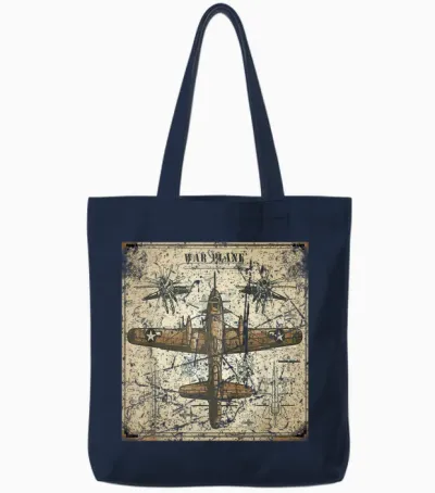 Retro War Plane Ww2 Shirt Blueprint World War 2 Tote Bags - Navy