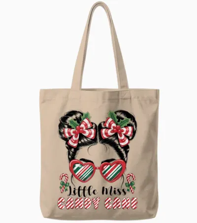 Messy Bun Little Miss Candy Cane Christmas Girls Tote Bags - Natural