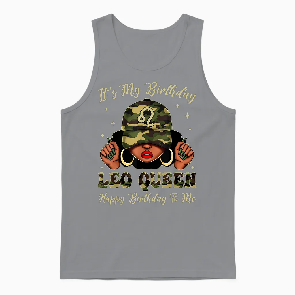 Leo Queen Black Woman with Cap Camo It's My Birthday Unisex Tank Top in Sport Grey