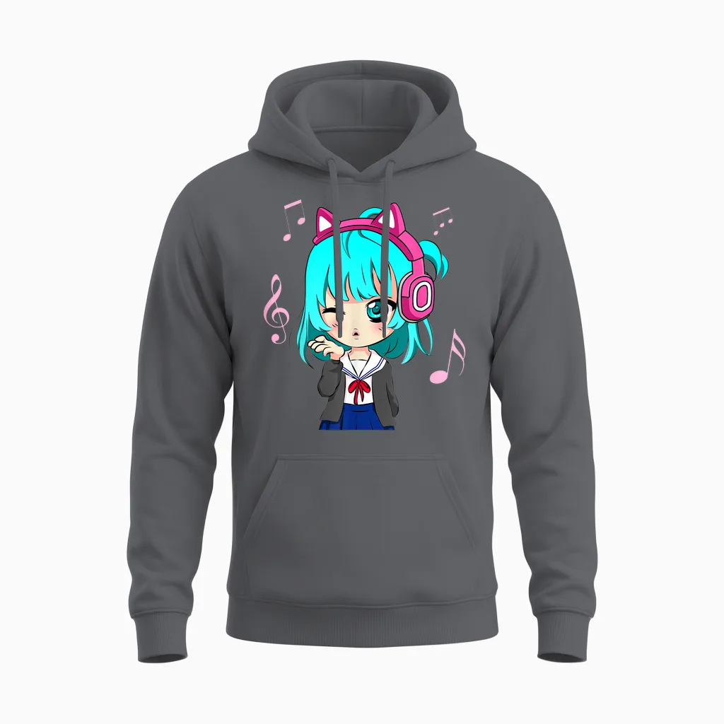 Anime and Music Girl for Teen Chibi Graphic Anime Girl T-Shirt Small Unisex Hoodie in Charcoal