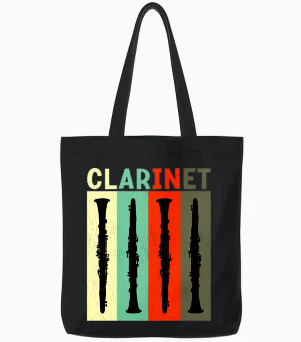 Clarinet, Retro, Music Lovers Gift Tote Bags in Black