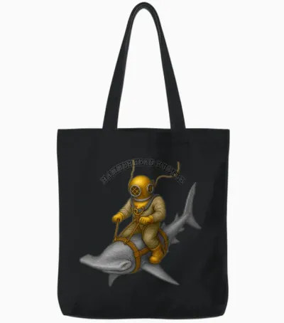 Vintage Helmet Diver Riding a Hammerhead Shark Urm Tote Bags - Black