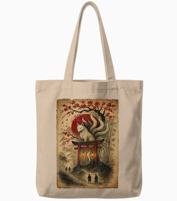Japanischer Vintage-Fuchs Mit Kirschblüten Tote Bags in Natural