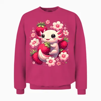 Cute Axolotl Kawaii Anime Axolotl Strawberry T-Shirt, Black, S Unisex Sweatshirt - Heliconia