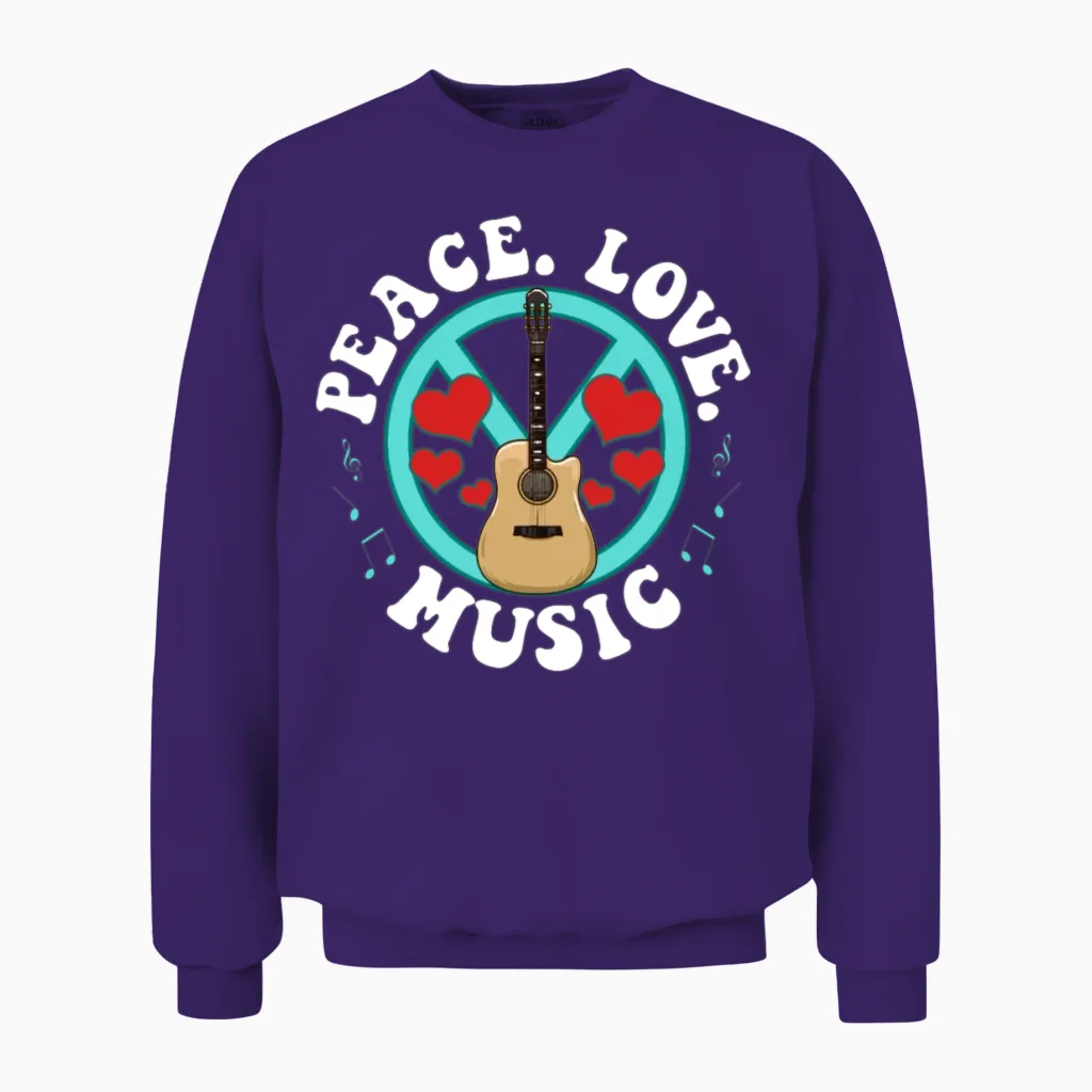 Peace Love Music Awesome Hippie Pacifist Festival Unisex Sweatshirt in Purple