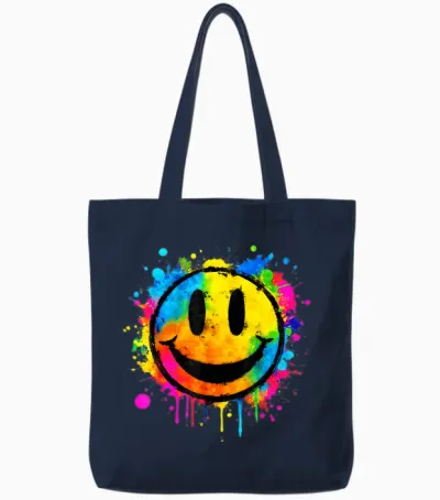 Cute Paint Splash Happy Smile Face 70s Tie Dye Smiling Funny Tote Bags - Navy