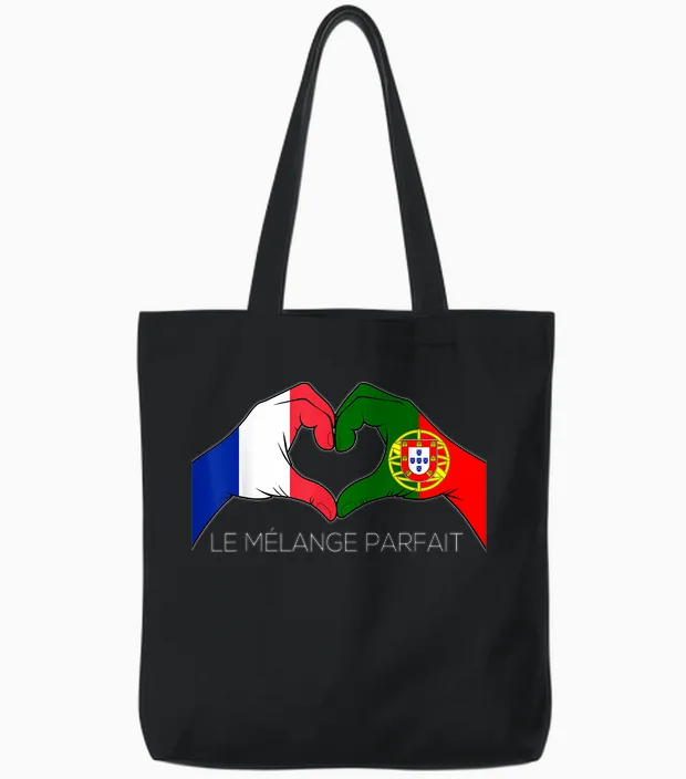 France and Portugal French Portuguese Le Mélange Parfait Coeur T-Shirt, Black, S Tote Bags in Black