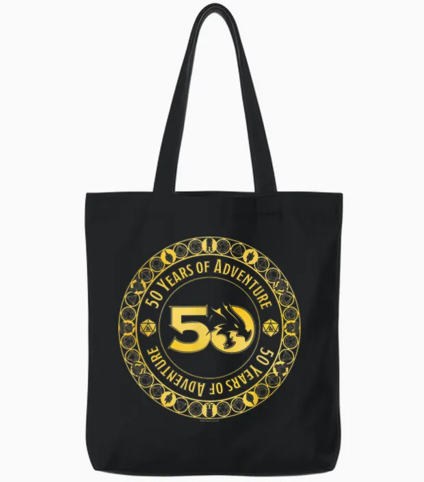 Dungeons & Dragons 50 Years of Adventure Gold Badge T-Shirt, Black, S Tote Bags in Black
