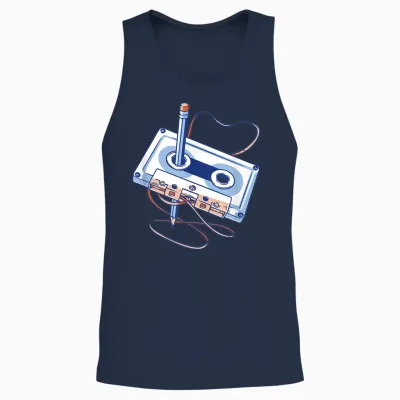 Cassette Tape Pencil Old School Throwback Retro Floppy Disk T-Shirt, Black Unisex Tank Top - Navy