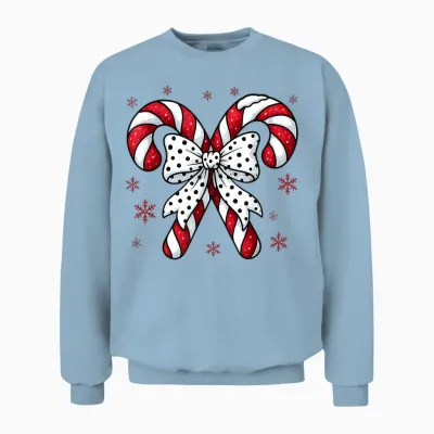 Candy Cane Christmas Season Girls Womens Retro Coquette Bow Unisex Sweatshirt - Light Blue
