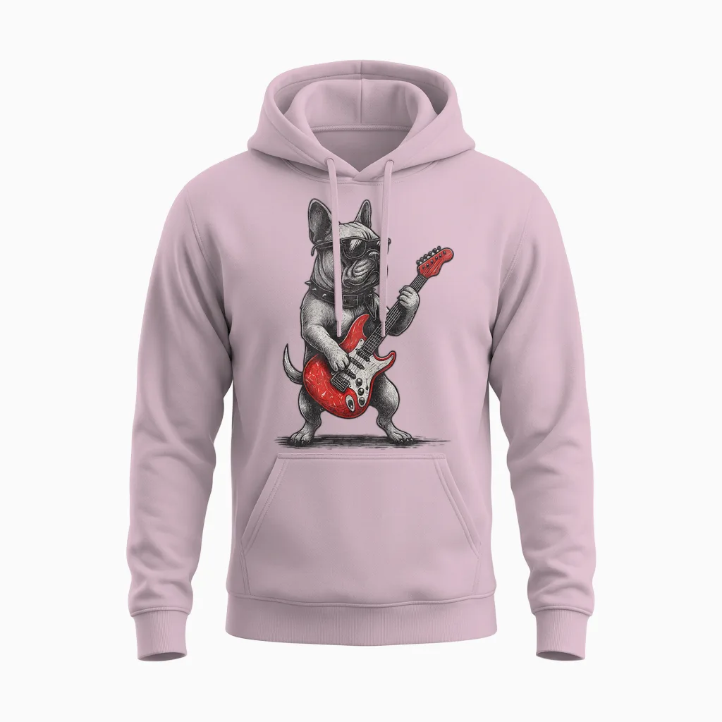 Guitare Vintage Bouledogue Français Punk Unisex Hoodie in Light Pink