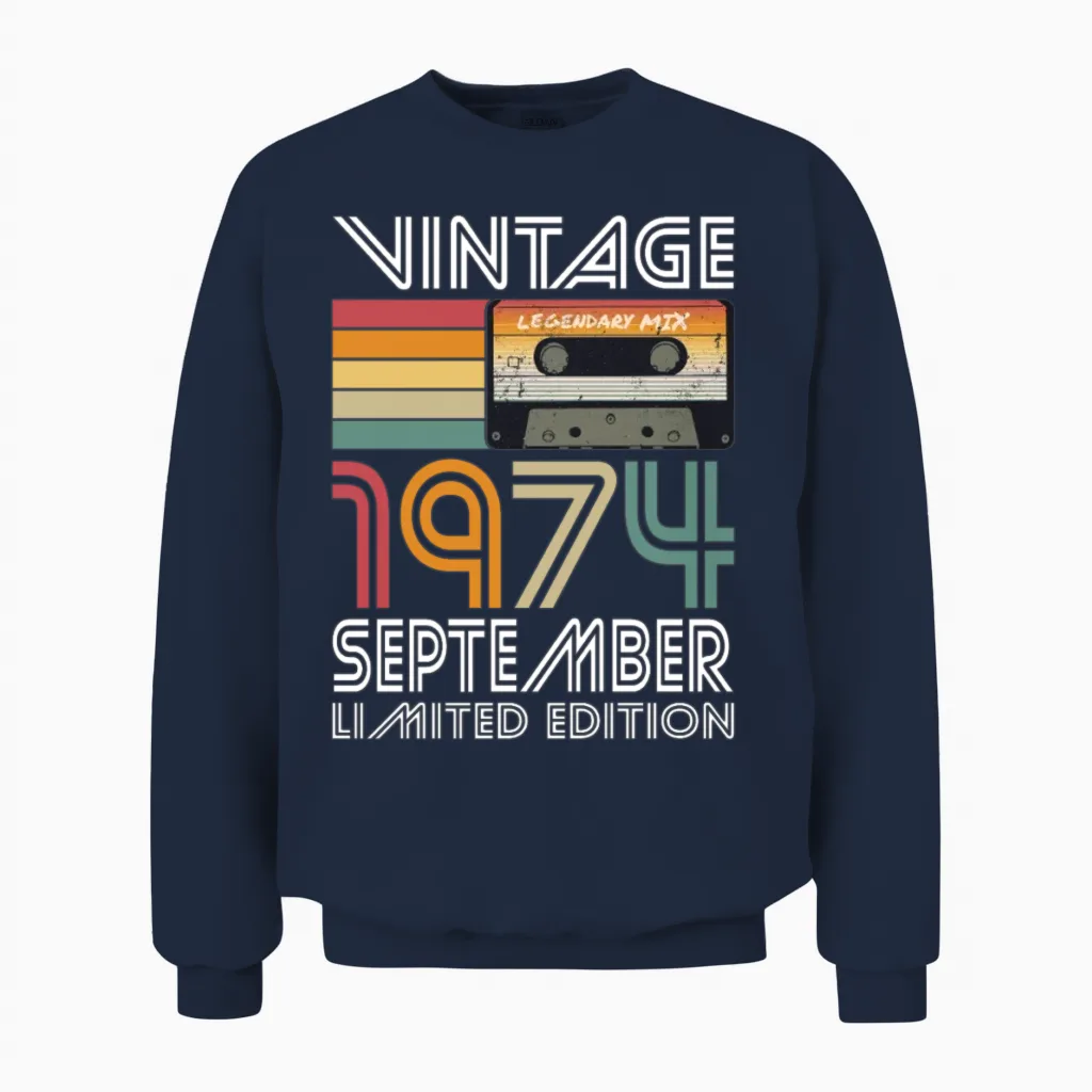 50th Birthday Vintage September 1974 Born 1974 Unisex Sweatshirt in Navy