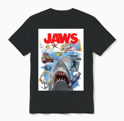 Jaws 50th Anniversary Poster Amity Island Collage 2-Sided Unisex T-Shirt - Black