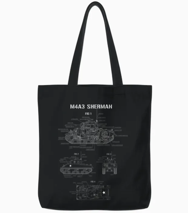 World War 2 American Tank M4a3 Sherman Blueprint Tote Bags in Black