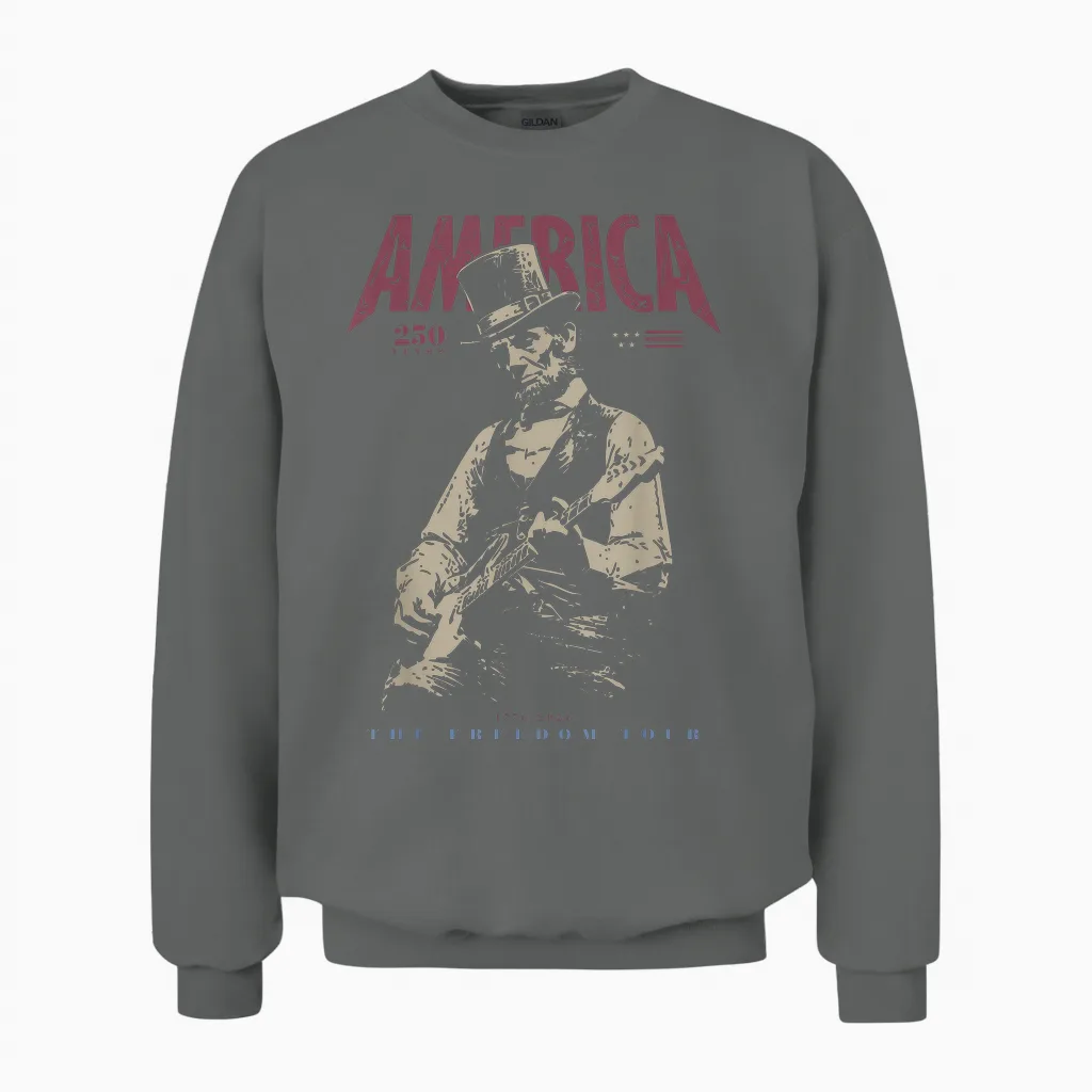 Abraham Lincoln Playing Guitar 4th July 250th Anniversary Unisex Sweatshirt in Graphite Heather