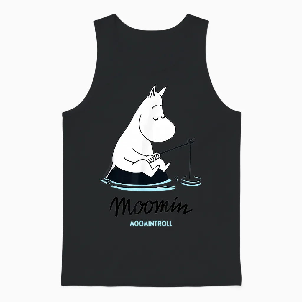 Fishing at Moomin Moomintroll T-Shirt, Grey, S Unisex Tank Top in Black