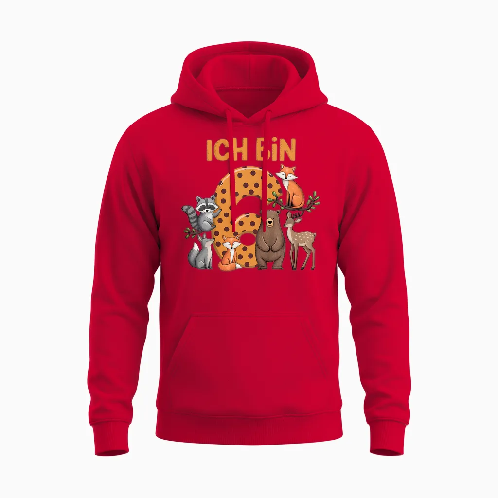 Kinder 6. Geburtstag Waldtiere Wald Tiere Reh Bär Geburtstags Unisex Hoodie in Red