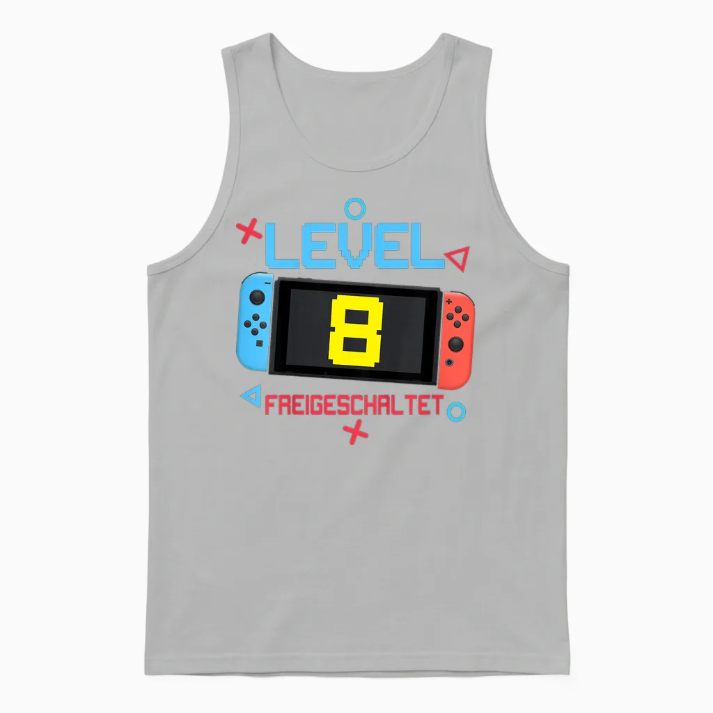 Kids 8th Birthday Boy 8 Years Old Level 8 Unlocked T-Shirt, Black Unisex Tank Top in Ash