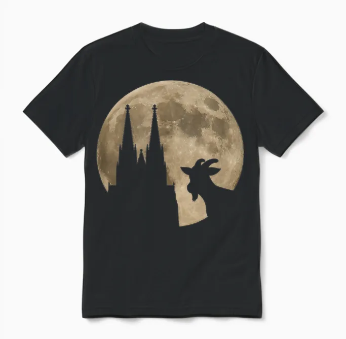Cologne, My Town! Geißbock with Cathedral and Moon. Cologne Pride T-Shirt, Black Unisex T-Shirt in Black