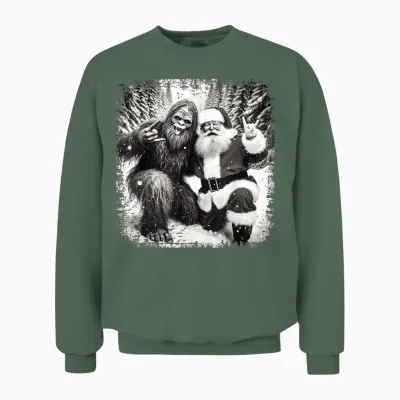 Santa with Bigfoot Christmas Lights Funny Sasquatch Believe Unisex Sweatshirt - Military Green