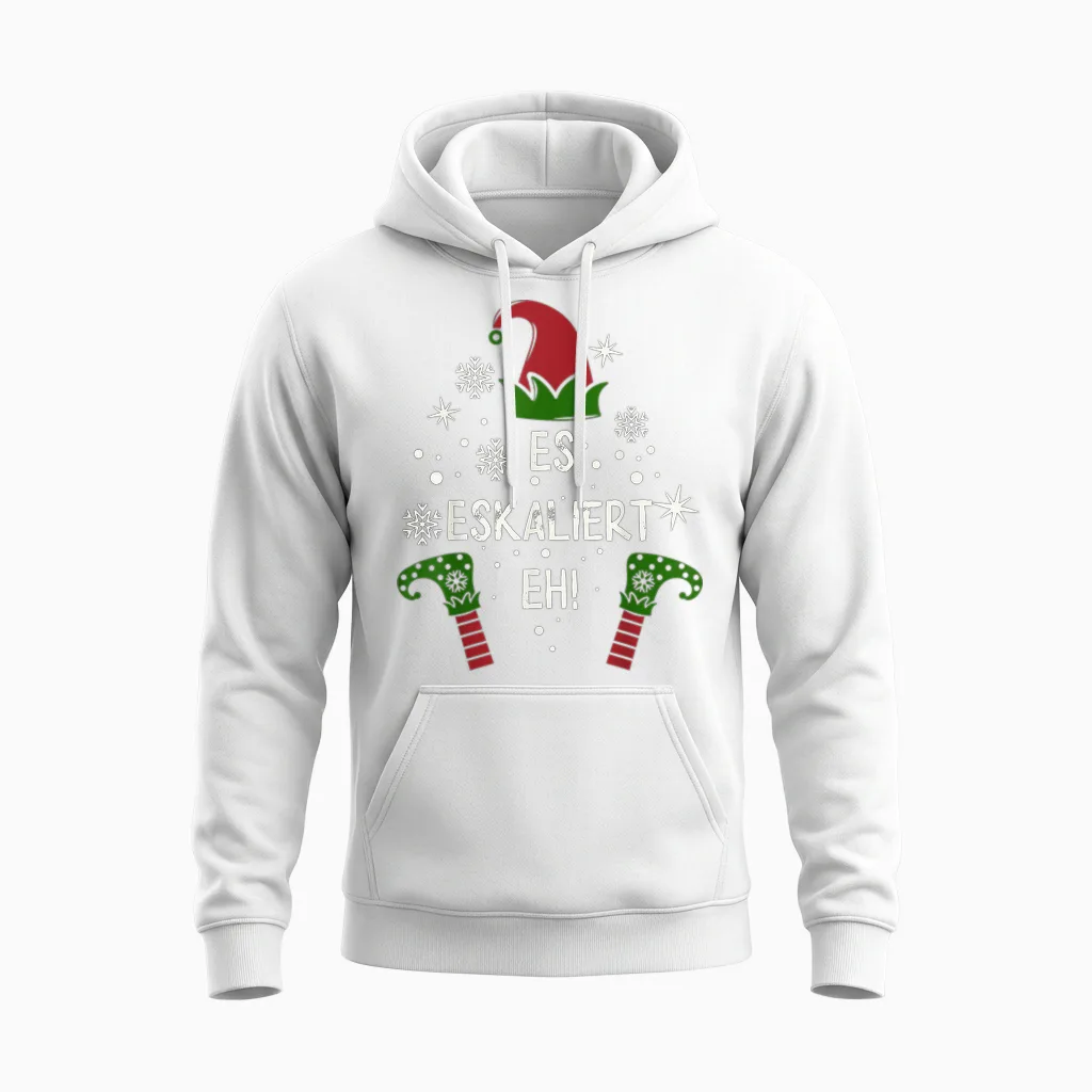 Es Eskaliert Eh! Elfen Familien Partnerlook Weihnachten Unisex Hoodie in White