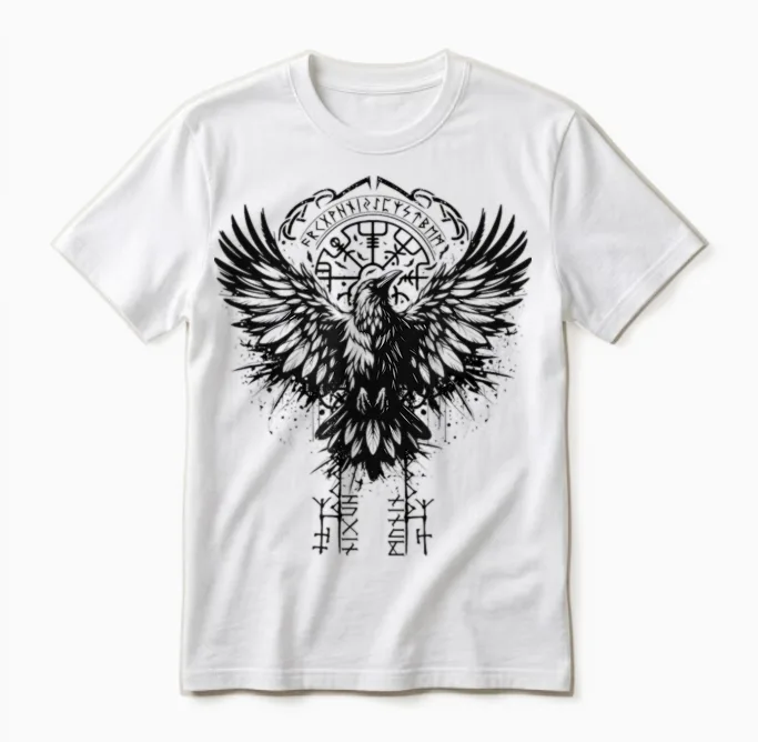 Valhalla Raven Raven Odin Runes Nordic Compass Viking T-Shirt, Grey, S Unisex T-Shirt in White