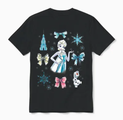 Disney Frozen Elsa Bow Watercolor Collage Unisex T-Shirt - Black