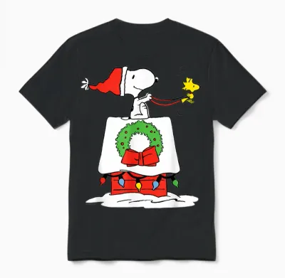 Peanuts Holiday Snoopy's Doghouse Sleigh Unisex T-Shirt - Black