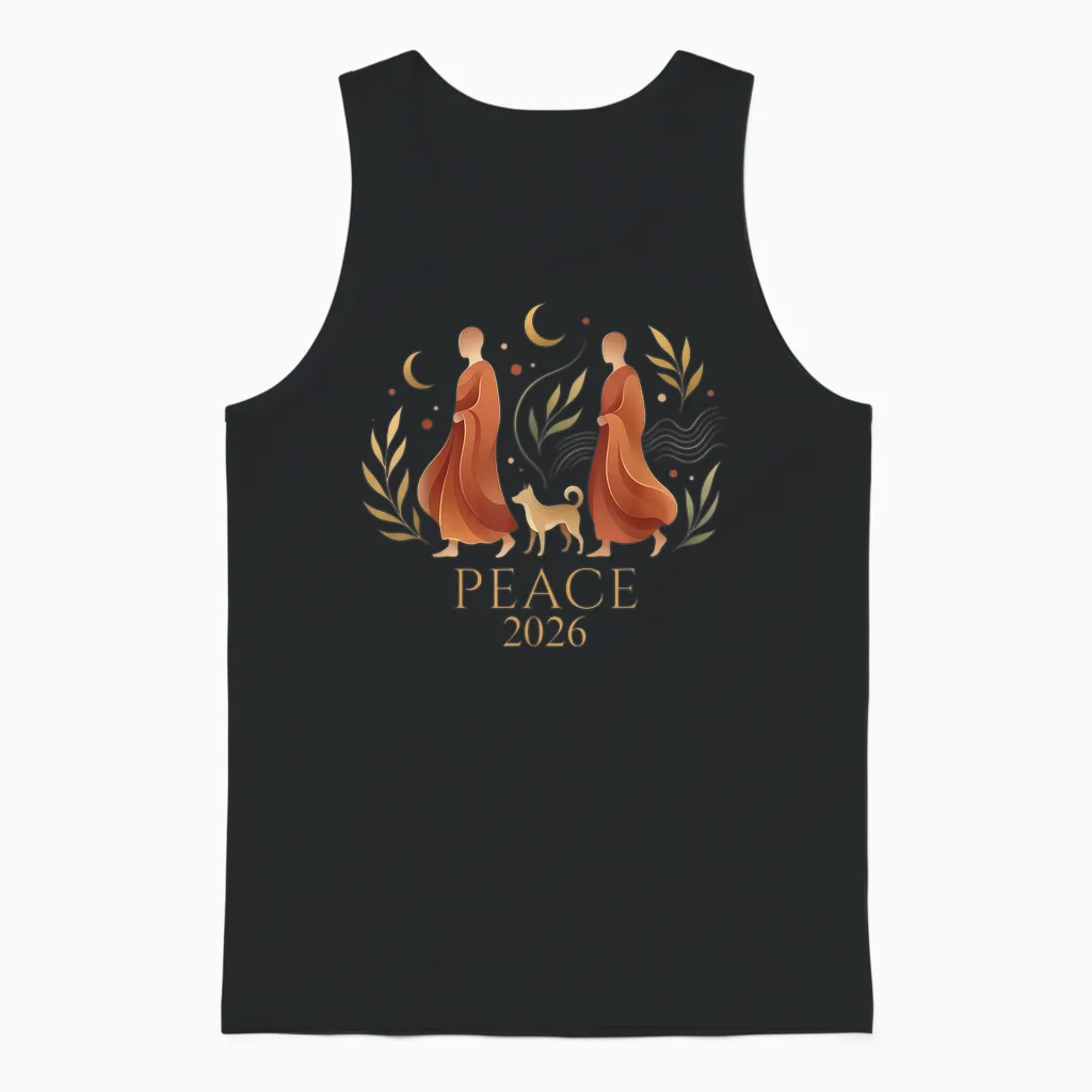 Walk Peace 2026 World Peace Monks with Aloka Dog Spiritual Unisex Tank Top in Black