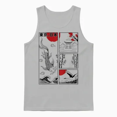 Japanese Koi Fish the Great Wave off Kanagawa Kanji (back) T-Shirt, Gray Unisex Tank Top - Ash