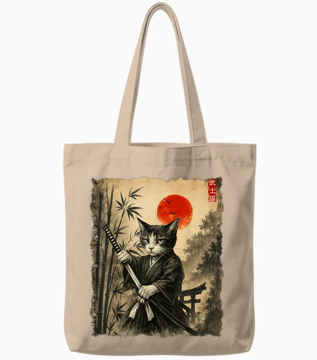 Samurai Cat Japanese Art Men Boys Funny Graphic Tee Anime Tote Bags in Natural