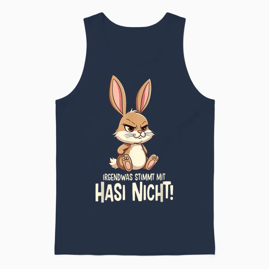 T-Shirt with "irgendwas Stimmt Mit Hasi Nicht Kaninchen Hase Böses Hasi", Black Unisex Tank Top in Navy