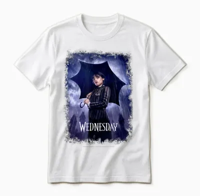 Wednesday Black Umbrella Under the Rain Real Photo Portrait T-Shirt, Black Unisex T-Shirt - White