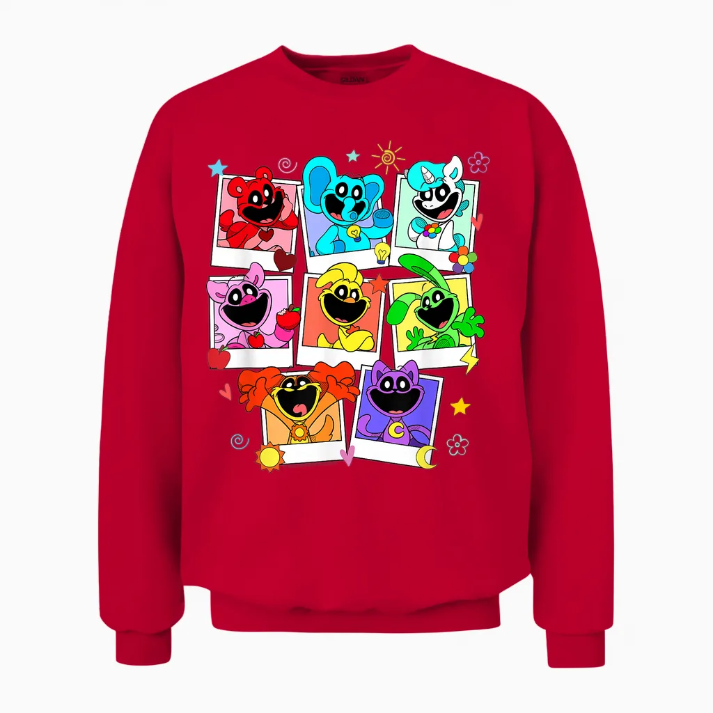 Poppy Playtime Colorful Polaroid Smiling Critters Group Shot Unisex Sweatshirt in Red