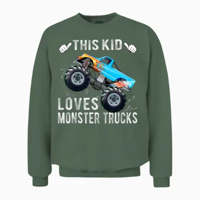 Kids This Kid Loves Monster Trucks Boys and Girls Gift Unisex Sweatshirt - Military Green