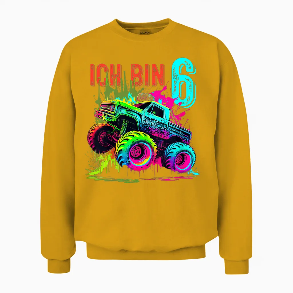 Kinder Ich Bin 6 Jahre Junge Mädchen 6. Geburtstag Monster Truck Unisex Sweatshirt in Gold