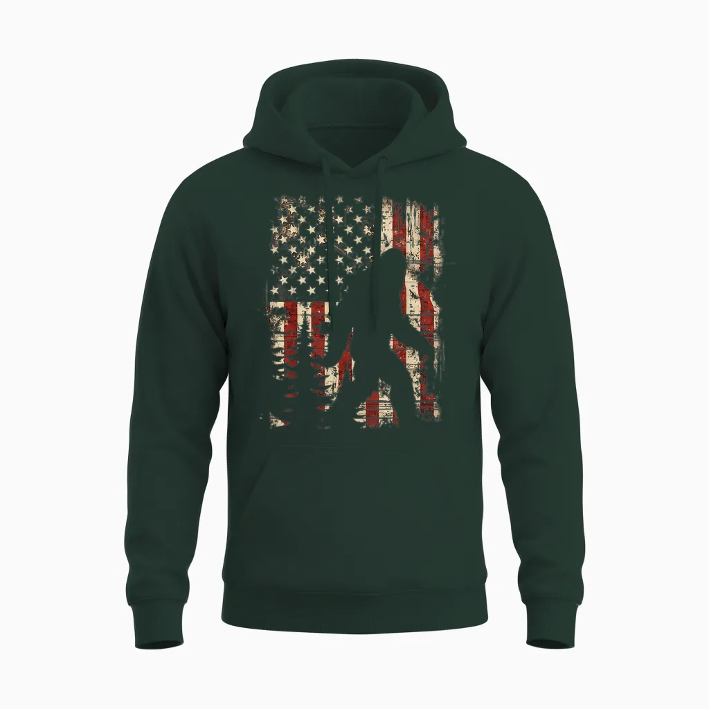 Bigfoot Sasquatch America Flag Patriotic Men Women Unisex Hoodie in Forest