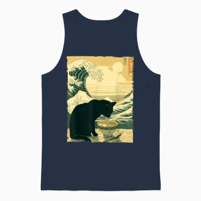 Funny Cat Ramen Great Wave off Kanagawa Illustration Anime Cat Unisex Tank Top - Navy