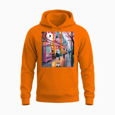 Tokyo Sakura Stroll – Cute Girl Under Cherry Bloss Unisex Hoodie - Safety Orange