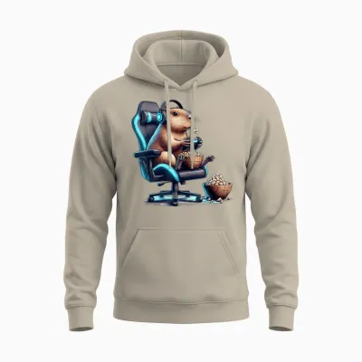 Capybara Gaming Controller Headset with Popcorn Animal Motif T-Shirt, Black Unisex Hoodie - Sand