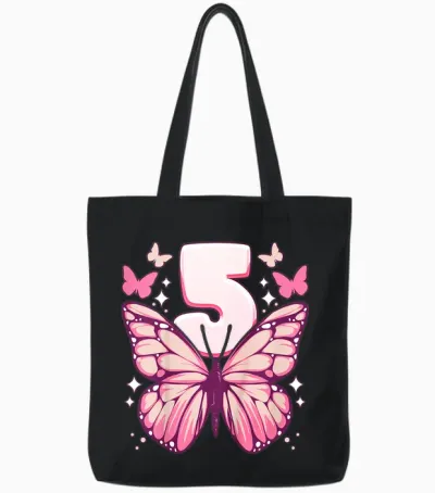 Geburtstag Mädchen 5 Jahre, Schmetterlinge Und Nummer 5 Tote Bags - Black