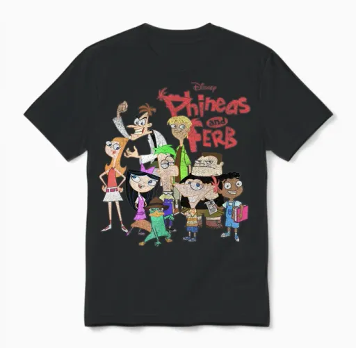 Disney Phineas and Ferb the Group Logo T-Shirt Small Unisex T-Shirt in Black