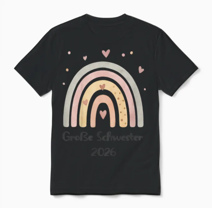 Children's Big Sister 2026 Rainbow Heart Motif Unisex T-Shirt in Black