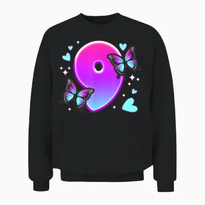 Geburtstag Mädchen 9 Jahre, Schmetterlinge Und Nummer 9 Unisex Sweatshirt - Black