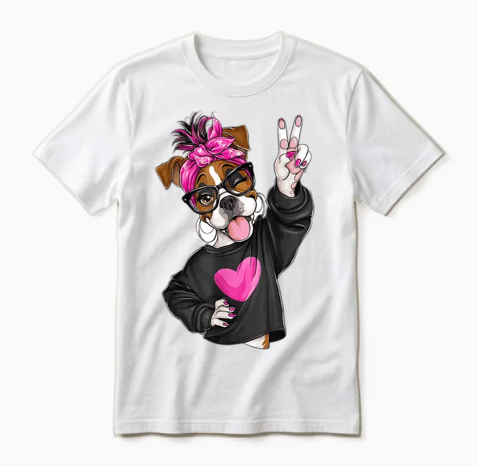 Cute Boxer Girl Lunettes Symbole Paix Chien Graphique Nœud Rose Unisex T-Shirt in White