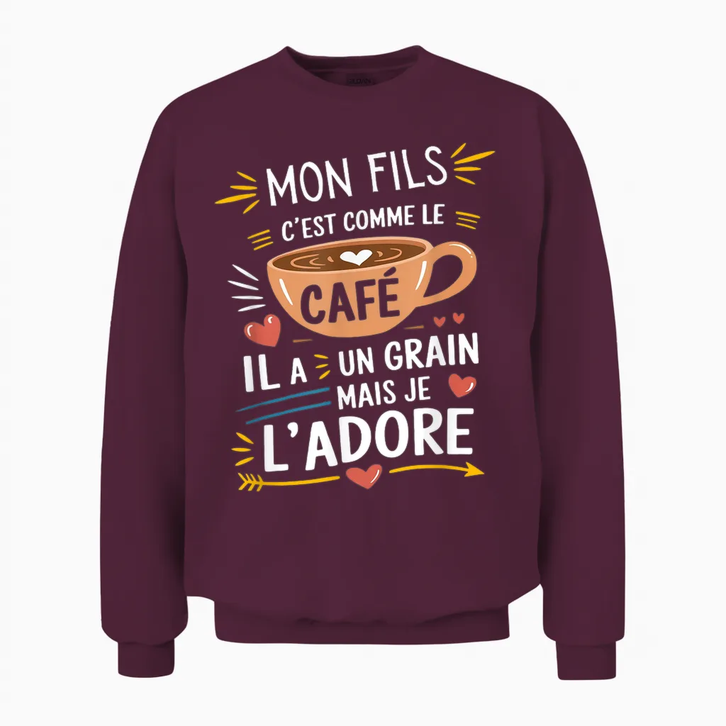 Mon Fils Comme Le Café – Gift Humour Coffee T-Shirt, Black, S Unisex Sweatshirt in Maroon