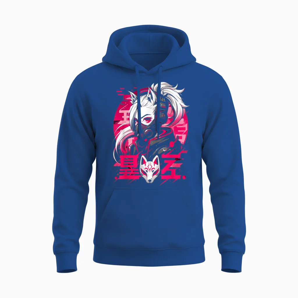 Anime Manga Cyberpunk Aesthetic Techwear Harajuku Kitsune T-Shirt, Black Unisex Hoodie in Royal