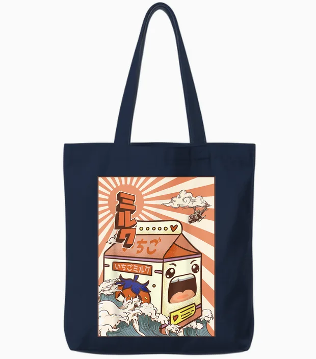 Japanese Kaiju Clothes Damen T-Shirt Schwarz Cartoon Monster Design, Traditionelle Japanische ästhetik, Kurzarm, Klein, Eu 41, 1 Count Tote Bags in Navy